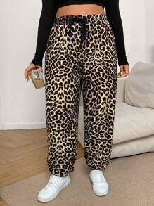 SHEIN EZwear Plus Size Women Casual Leopard Furry Cuff Sweatpants, Autumn/Winter