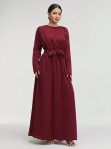 Veilorie 勃艮第红色女士纯色褶皱优雅合身腰部连衣裙 - 酒紅色 - 查看 3