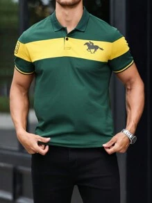 Manfinity Homme Men's Contrast Color Graphic Print Short Sleeve Polo Shirt, Summer Casual - Dark Green - View 1
