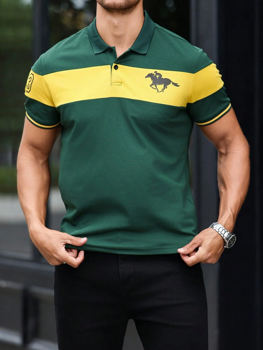 Manfinity Homme Men's Contrast Color Graphic Print Short Sleeve Polo Shirt, Summer Casual - Dark Green - View 1