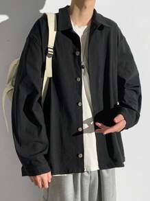 SHEIN TeenBoys 1 件休闲百搭时尚背部动漫印花图案工作纽扣休闲夹克外套返校；秋季服装；青少年男孩服装；秋季外套；秋季秋冬