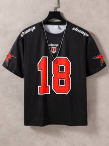 SHEIN Teenage Boys' Active Numeric Print Short Sleeve T-Shirt - Black - View 1