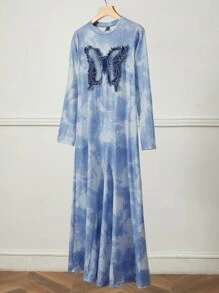 Seusyu Women's Butterfly Embroidery Tie Dye Print Dress - Light Grey - View 1