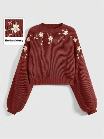 Fairycore Suéter corto con cuello redondo y decoración con bordado floral para mujer, otoño/invierno