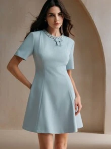 Anewsta Rhinestone Bow Decor Round Neck Dress, Elegant Style - Blue - View 4