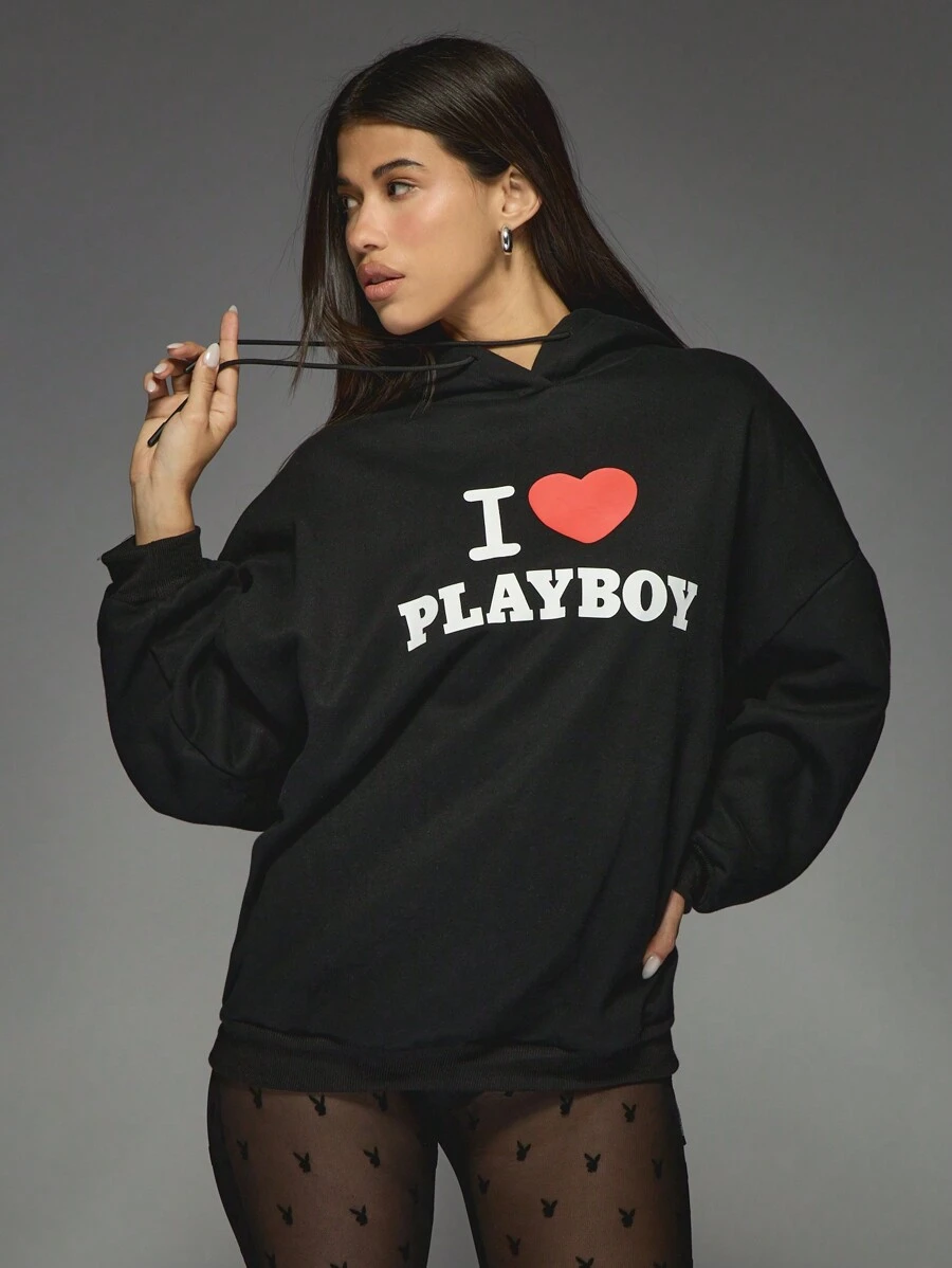 Missguided x Playboy I Love Statement Icon Print Oversized Sweatshirt Long Sleeve Pullover Casual Winter Fall Streetwear Gift Hoodie With Drawstring Bunny Pattern Tights