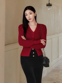 EastFlair 女士红色V领圣诞毛衣开衫，厚实柔软，收腰设计，高端，秋冬 - 紅色 - 查看 1