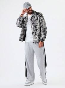 Manfinity VCAY 加大码男士宽松花卉印花梭织长袖夹克，外出拉链彩色图案休闲夹克，适合朋友、丈夫、男朋友的礼物，适合秋冬 - 黑與白 - 查看 5