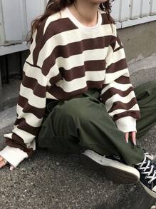 FRIFUL 女士秋季落肩长袖休闲条纹宽松 T 恤