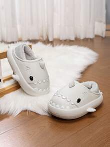 1 双儿童卡通鲨鱼图案拖鞋，柔软舒适的 EVA 室内鞋，带保暖衬里，适合女孩，适合秋冬季 - 淺灰色 - 查看 1