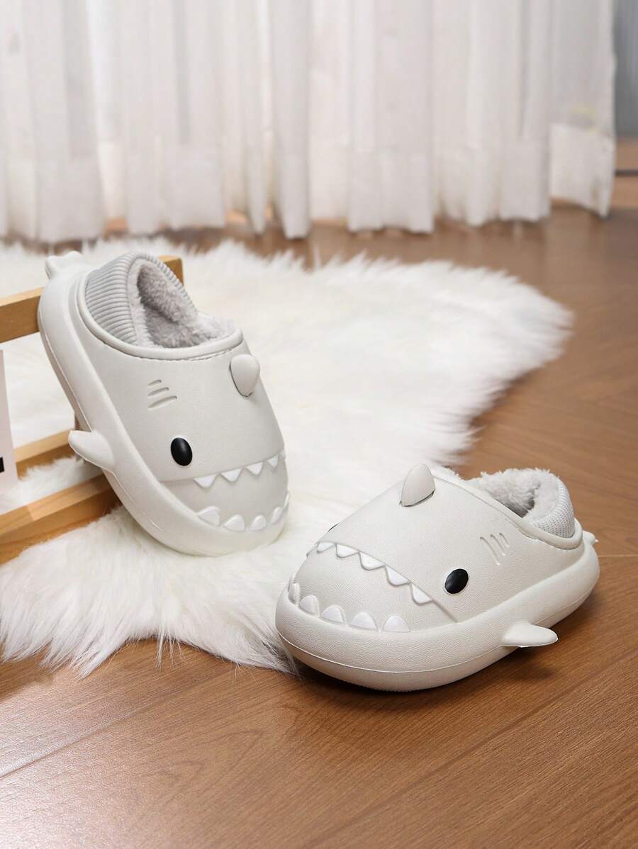 1 双儿童卡通鲨鱼图案拖鞋，柔软舒适的 EVA 室内鞋，带保暖衬里，适合女孩，适合秋冬季 - 淺灰色 - 查看 1