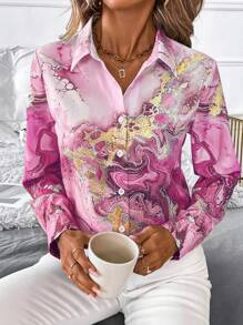 SHEIN Clasi Women's Elegant Commuter Marble Print Front Button Blouse For Autumn