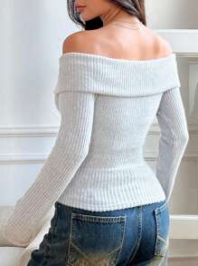 SHEIN EZwear Black Brushed Fabric Women's Solid Color Off Shoulder T-Shirt - Light Grey - View 2