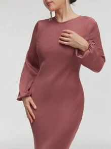 Veilorie 女式纯色简约优雅主教袖美人鱼下摆连衣裙 - 棕色 - 查看 4