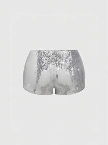ROMWE J-Fashion Quần short mini lưng thấp đính sequin lấp lánh bạc cổ điển cho tiệc tùng, hộp đêm - Bạc - Xem 2