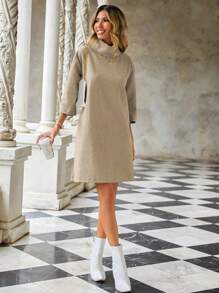 Cloudara Ladies' Solid Color High-necked Long Dress - Beige - View 3