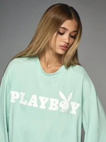 Missguided x Playboy Sweat-shirt oversize à manches longues, t-shirt graphique, vêtement de détente casual en coton pour l'hiver, streetwear avec imprimé logo rétro, mode automne, pièce essentielle de la garde-robe classique - Vert - Voir 3