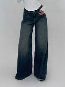 DAZY Dames Voorkant Knoop Lage Taille Flare Leg Jeans Broek, Casual Dagelijkse Kleding