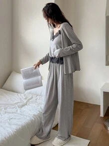 DAZY 三件套撞色蕾丝拼接纽扣门襟上衣、吊带背心和裤子睡衣套装，秋冬服装