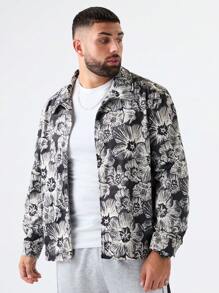 Manfinity VCAY 加大码男士宽松花卉印花梭织长袖夹克，外出拉链彩色图案休闲夹克，适合朋友、丈夫、男朋友的礼物，适合秋冬 - 黑與白 - 查看 4