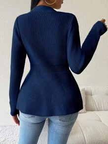 SHEIN LUNE Áo khoác cardigan cổ chữ V viền bèo nhún màu trơn đơn giản cho nữ - Màu xanh hải quân - Xem 2
