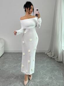 SHEIN Unity 1pc Women Open Shoulder Long Sleeve Fitted Dress, Princess Style Sweater Dress, Autumn/Winter - White - View 8