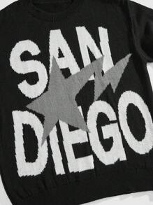 ROMWE MEN Prep 男士字母星星提花针织套头衫，秋冬街头时尚 - 黑色 - 查看 4