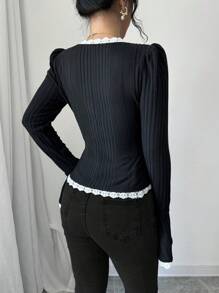 SHEIN X Angie Costa SHEIN Clasi 1pc Women Elegant Fake Collar Flare Long Sleeve T-Shirt, Casual Lace Trim Top, Black