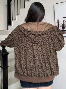 Dazy Plus Plus Size Women Casual Leopard Print Drawstring Hooded Loose Front Zip Up Sweatshirt, Autumn,Fall Women Clothes Jacket