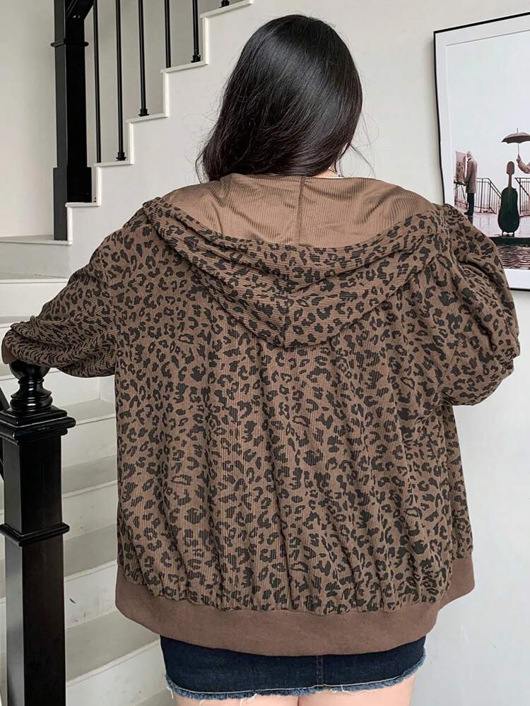 Dazy Plus Plus Size Women Casual Leopard Print Drawstring Hooded Loose Front Zip Up Sweatshirt, Autumn, Fall Women Clothes Jacket Sweatshirts