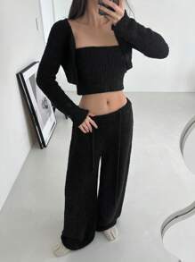 DAZY 3 件套女士蓬松柔软毛绒针织全身毛衣露肩秋季