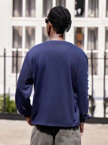 Manfinity Dauomo Men's Casual Letter Numeral Printed Pullover Sweatshirt, For Autumn - Blue - View 2