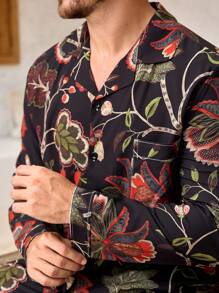 Manfinity ChillVibe 2pcs Men Floral Print Long Sleeve Lapel Neck Single Breasted Top & Pants Pajama Set - Black - View 4