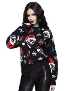 ROMWE Goth Dark Skull & Christmas Wreath All-Over Print Pullover Sweater - Multicolor - View 3