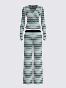 SHEIN BASICS 2pcs/Set Women Casual Knit Striped V-Neck Long Sleeve Fitted T-Shirt & Low Waist Flared Pants Set