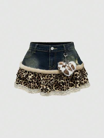 Grunge Punk Y2K Gyaru Baddie Patchwork Leoparden-Muster Spitzen-Trimm Mini-Denim Rock