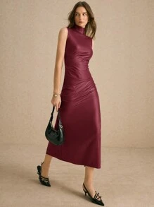 Poéselle 女士弹力皮革立领褶皱中长连衣裙：优雅迷人的修身皮革连衣裙，非常适合日常穿着、派对、秋季时尚或万圣节服装，将精致与前卫风格相结合，百搭的中长款。 - 酒紅色 - 查看 4