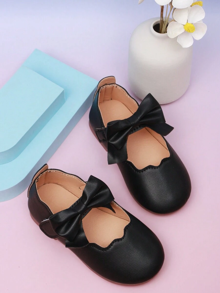 1 双婴儿平底鞋，女孩黑色蝴蝶结钩环时尚舒适平底休闲儿童鞋 - 黑色 - 查看 1