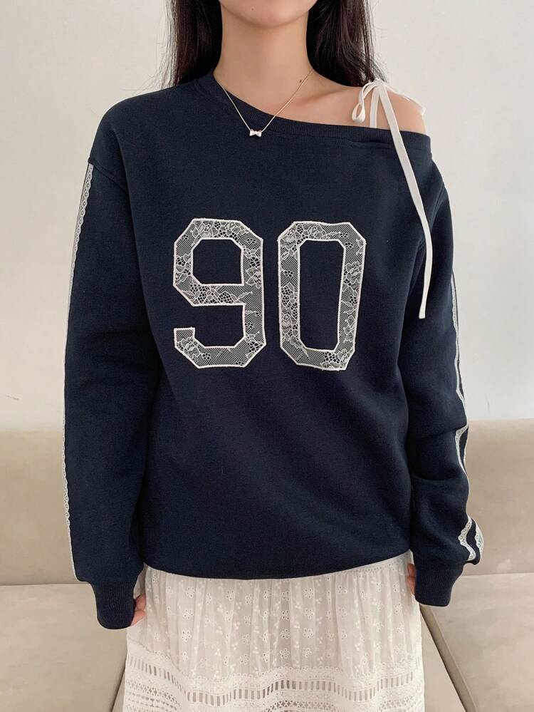 Women Casual Contrast Lace Embroidery Number Pattern Twist Strap Asymmetrical Neck Loose Sweatshirt,Fall Clothes