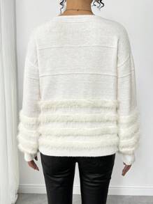 SHEIN LUNE Women Casual Solid Color Patchwork Fluffy Dropped Shoulder Loose Pullover Sweater