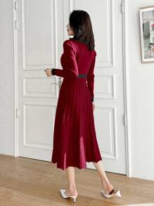DAZY Women Solid Color Splicing Front Button Long Sleeve Simple Casual Sweater Dress,Fall Clothes Red Women Dresses - Burgundy - View 2