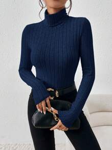 SHEIN Frenchy Women's Autumn Casual Simple Ribbed High Collar Slim Bodysuit - Navy Blue - View 4