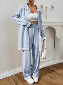 EURMUSE Women Stripe Pattern Pocket Detailed Front Button Cardigan & Sweater Pants Set - Baby Blue - View 7