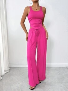 Zolique 2 件套女士夏季休闲日常装纯色背心上衣和长裤套装 - 玫紅色 - 查看 4