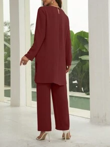 Mulvari 2 件套女士休闲纯色圆领长袖上衣和裤子，秋季 2 件套 - 酒紅色 - 查看 2
