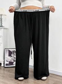 SHEIN CURVE+ 大码女式字母针织腰带休闲运动裤 - 黑色 - 查看 6
