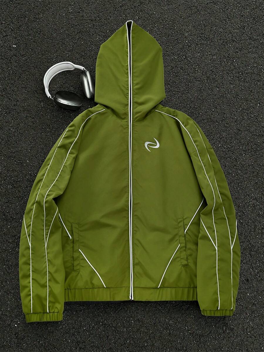 PAVTROS 男式休闲撞色滚边斜口袋连帽夹克