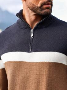 Manfinity Homme Jersey casual con cierre de cremallera delantero, manga larga, bloque de color y gráfico de rayas para hombre, para golf, esposo
