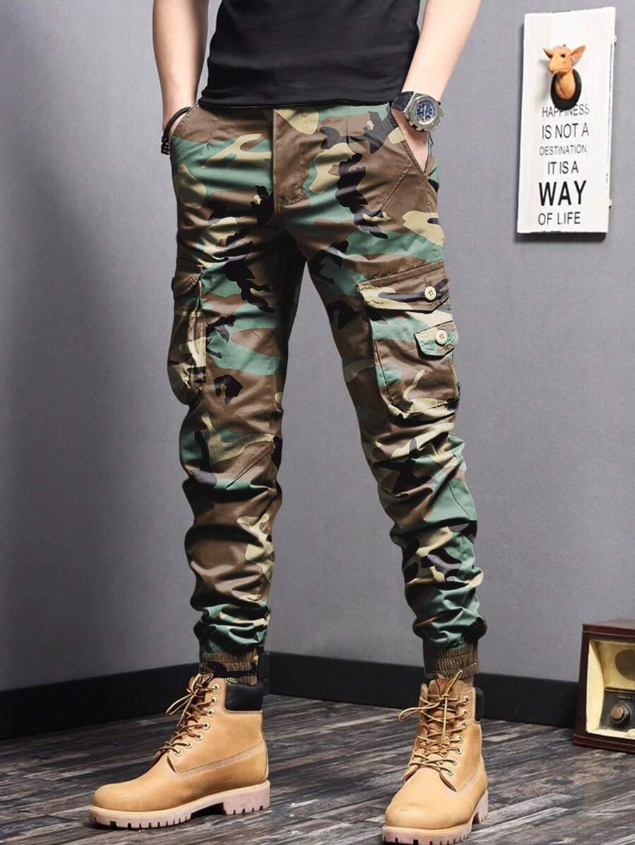 Manfinity Homme Men's Camo Print Cargo Pants With Pockets, Casual Drawstring Ankle Length Trousers - Multicolor - View 1