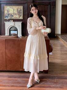 DAZY 女士宫廷风纯色荷叶边长袖连衣裙，新年舞会礼服，秋季优雅女士连衣裙长款连衣裙 - 米色 - 查看 4